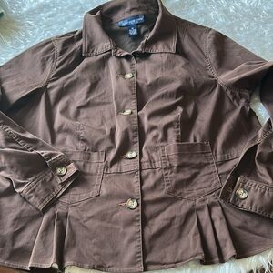 Casual Stretchy Brown Jacket Button closure Cinched Accents Utility Susan Graver
